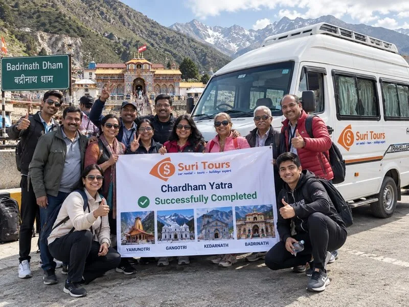 Suri Tours group at Badrinath Dham celebrating successful completion of the Chardham Yatra
