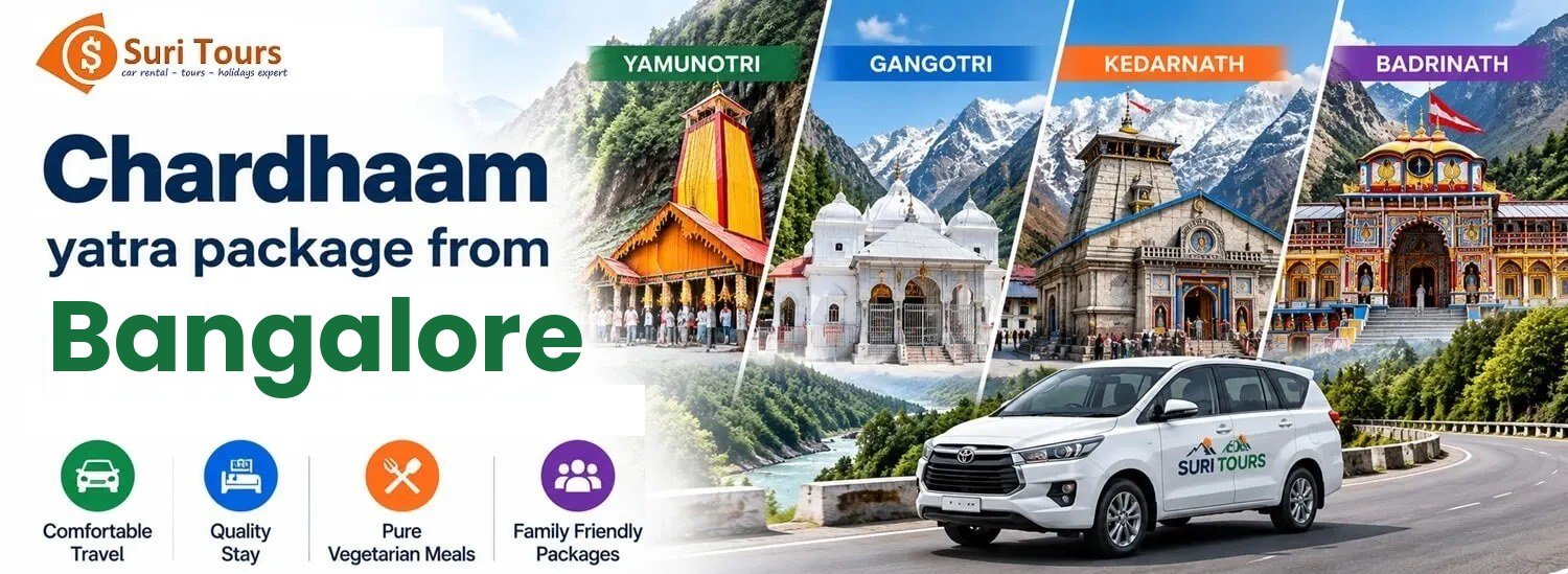 Chardham Yatra package from Bangalore — Yamunotri, Gangotri, Kedarnath, Badrinath with comfortable travel, quality stay, pure veg meals