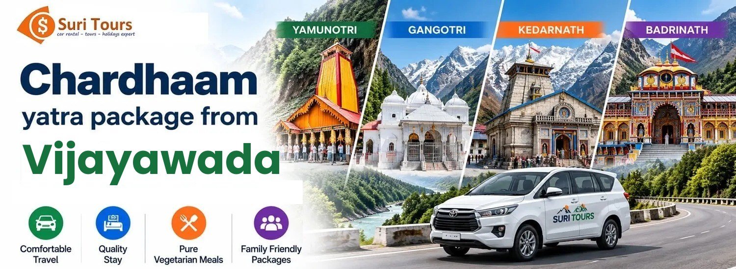 Chardham Yatra package from Vijayawada — Yamunotri, Gangotri, Kedarnath, Badrinath with comfortable travel, quality stay, pure veg meals